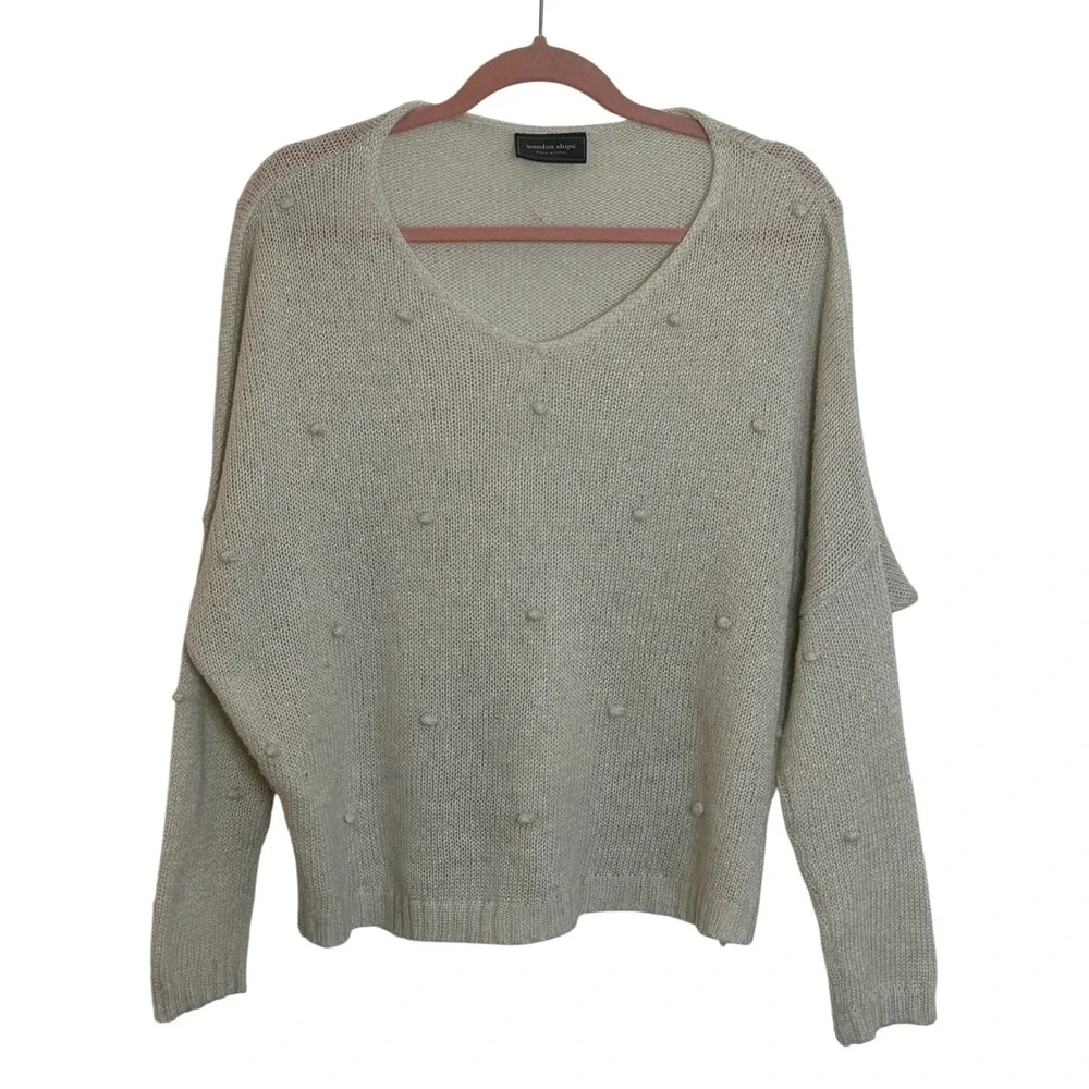 Wooden Ships Bobble V Neck Pullover Sweater Size S/M Beige Oversized Wool Blend